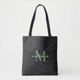 Bolsa Tote Monograma Elegante em Preto com Floral Verde