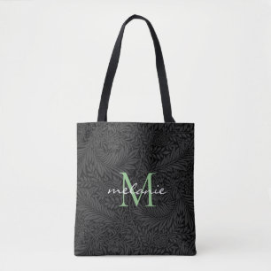 Bolsa Tote Monograma Elegante em Preto com Floral Verde
