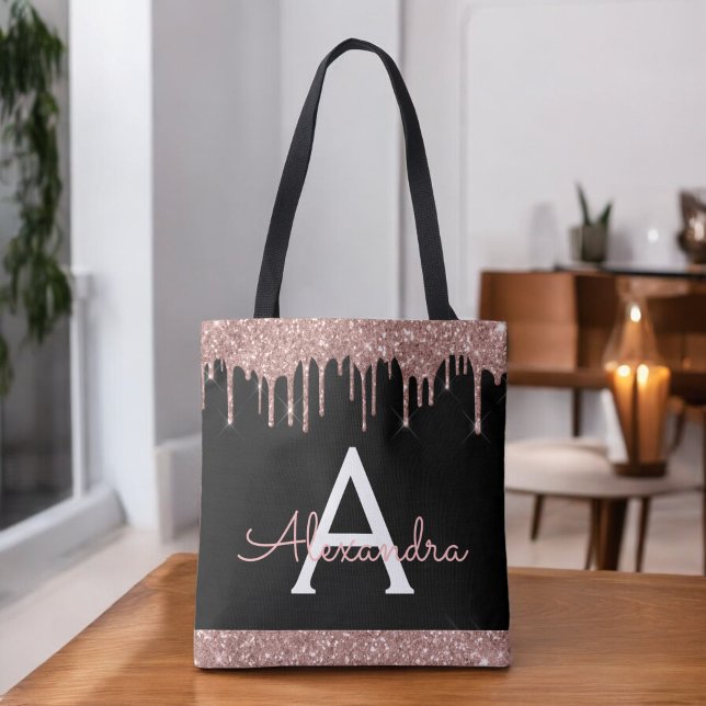 Bolsa Tote Monograma Elegante em Rosa Dourado Preto e Glitter (Criador carregado)