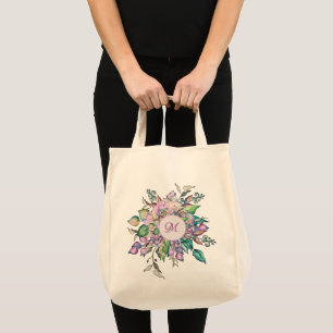 Bolsa Tote Monograma Elegante Floral Pastel Aquarela