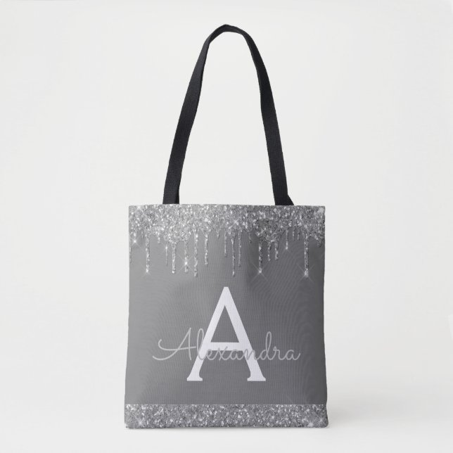 Bolsa Tote Monograma Elegante Glitter de cinza Silver Sparkle (Frente)