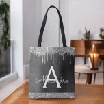 Bolsa Tote Monograma Elegante Glitter de Prata Negra<br><div class="desc">Silver de luxo e Faaux faíscas negras e Bag do Monograma Elegante Luminoso. Este Livro Bag pode ser personalizado para incluir seu nome inicial e próprio e ser dado como presente para o Natal,  Doce 16 Aniversário,  Chá de panela ou Casamento.</div>