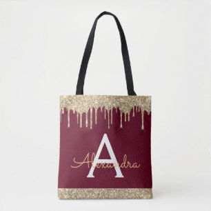 Bolsa Tote Monograma Elegante Glitter Sparkle Dourado Burgund