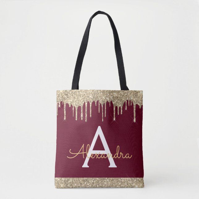 Bolsa Tote Monograma Elegante Glitter Sparkle Dourado Burgund (Frente)
