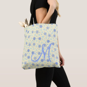 Bolsa Tote Monograma Elegante Moderno com Flocos de Neve Amar