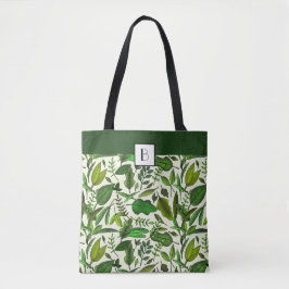 Bolsa Tote Monograma Elegante Padrão de Folhas Botânicas Verd