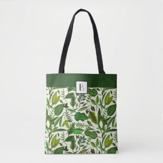 Bolsa Tote Monograma Elegante Padrão de Folhas Botânicas Verd