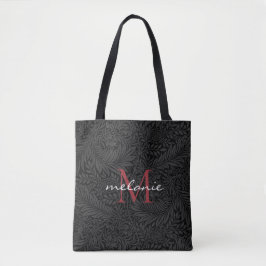 Bolsa Tote Monograma Elegante Preto Floral Vermelho Script