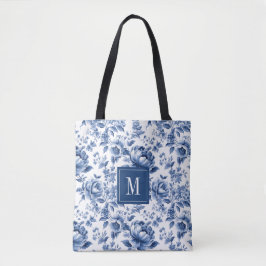 Bolsa Tote Monograma Elegante Vintage Azul Padrão Floral Bran
