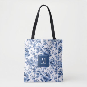 Bolsa Tote Monograma Elegante Vintage Azul Padrão Floral Bran
