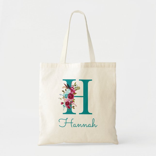 Bolsa Tote Monograma em letra H com flores no tom de azul tur (Frente)