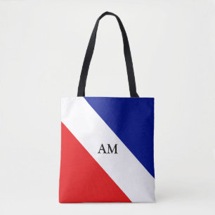 Bolsa Tote Monograma em listras diagonais azuis, vermelhas e