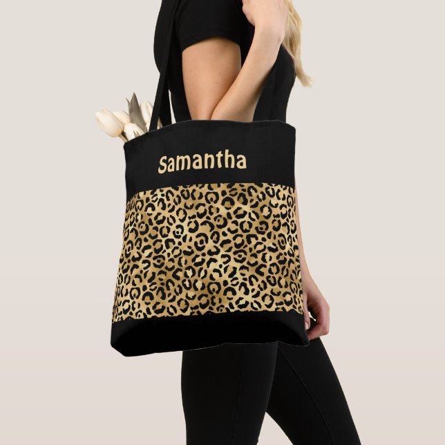 Bolsa Tote Monograma em Ouro e Impressão de Leopardo Preto Ch (Close Up)