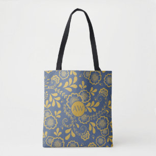 Bolsa Tote Monograma em Renda Vitoriana Dourada e Azul Francê