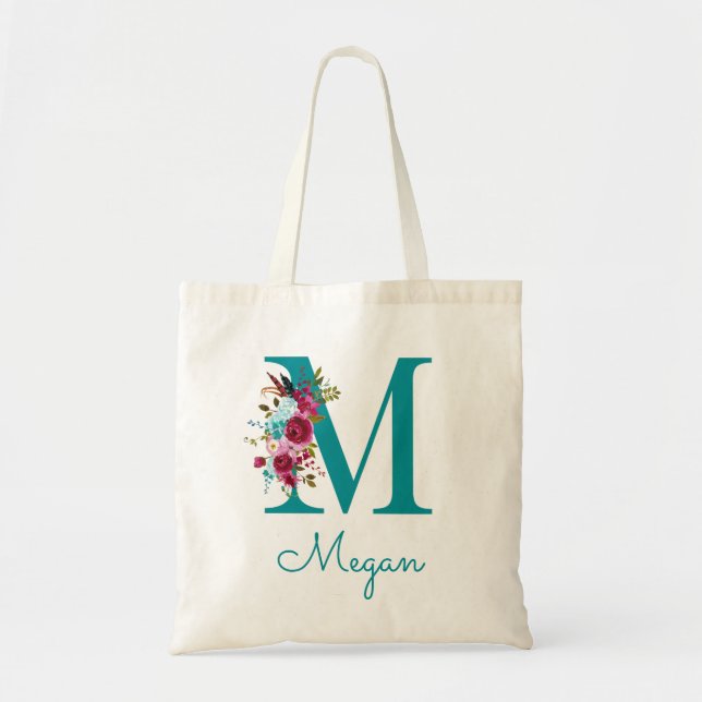 Bolsa Tote Monograma em Script Letra M Floral Rosa Azul Turqu (Frente)