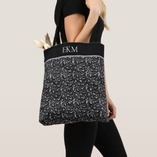 Bolsa Tote Monograma Estampa de Leopardo Preto Cinza Prata