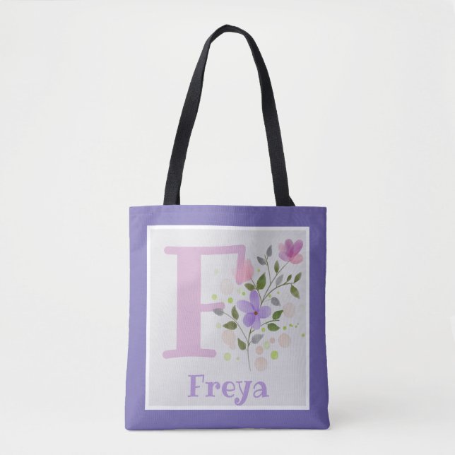 Bolsa Tote Monograma F & Name Freya com Flores (Frente)
