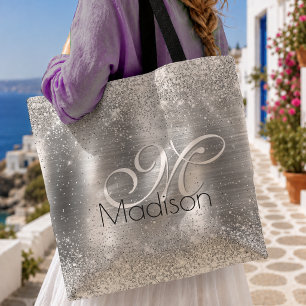 Bolsa Tote Monograma falso brilhante de metal prateado fosco