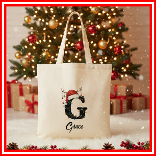 Bolsa Tote Monograma Família Natal Chifre Chapéu do Papai Noe