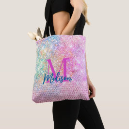 Bolsa Tote monograma faux glitter rhinestone cor-de-rosa-unic