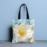 Bolsa Tote Monograma Flor Elegante Lúxia Dourada<br><div class="desc">Sacos Dourados de Tota de Cor de Água com Flores Brancas Simples e Elegante Monograma Apresentam uma flor branca simples com acentos de folha de ouro na moda num fundo de cor azul macia. Presente perfeito para Dia de as mães, aniversário, Natal, agradecimento do professor e melhores amigos. Personalize com...</div>