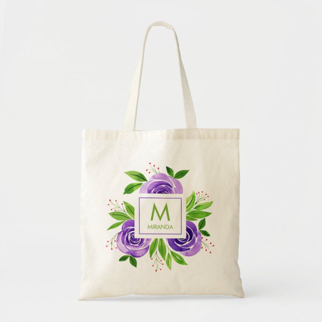 Bolsa Tote Monograma Floral Aquarela Personalizado (Frente)