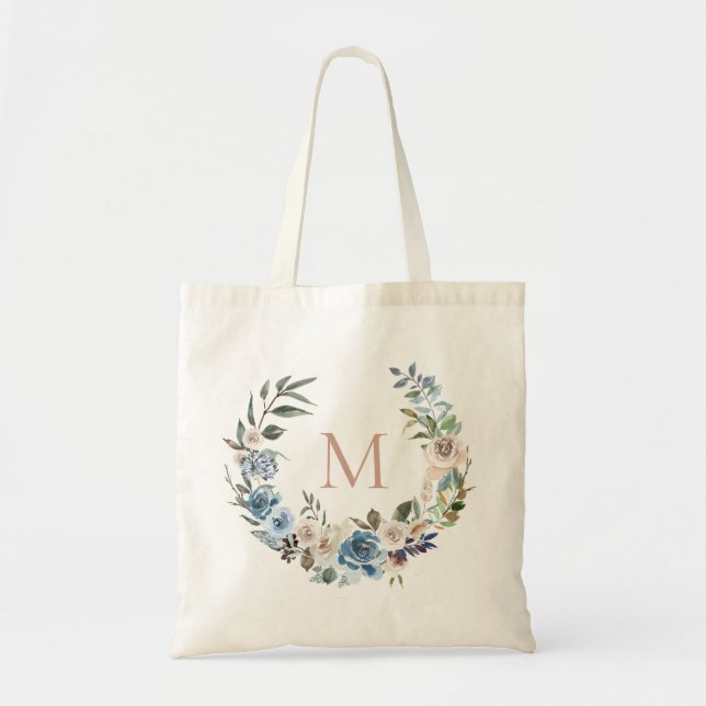 Bolsa Tote Monograma floral azul empoeirado da grinalda (Frente)