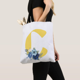 Bolsa Tote Monograma Floral Azul Empoeirado de Aniversário In