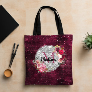 Bolsa Tote Monograma floral bordô em brilho prateado chique f