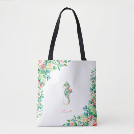 Bolsa Tote Monograma floral botânico do cavalo marinho