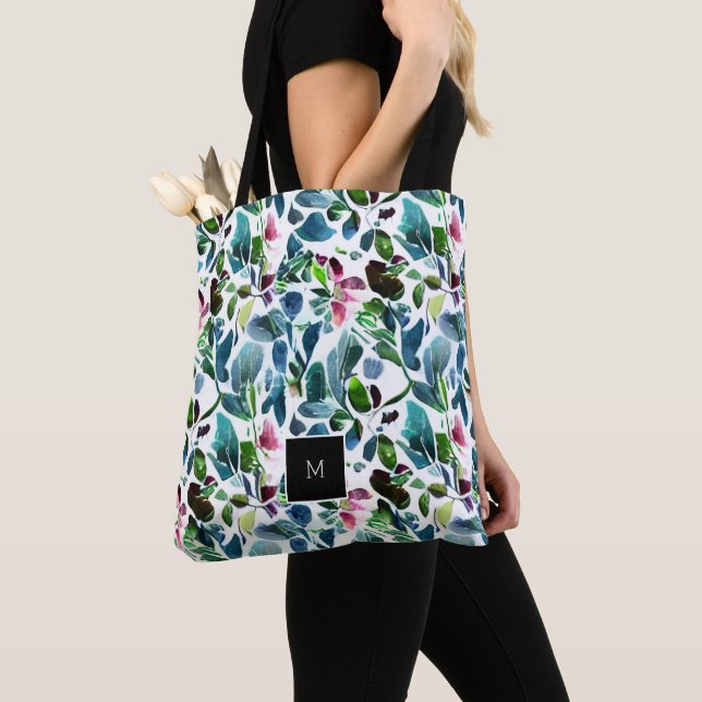 Bolsa Tote Monograma floral botânico elegante com aquarelas (Close Up)