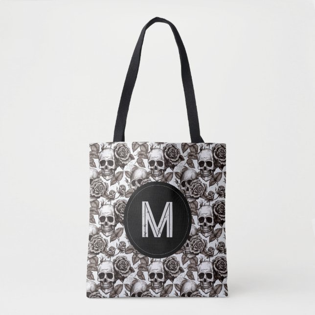 Bolsa Tote Monograma Floral Caveira Negra Branca (Frente)