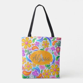 Bolsa Tote Monograma Floral Colorido e Fofo em Amarelo e Roxo