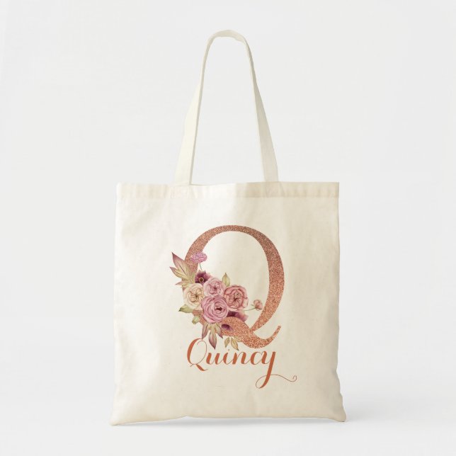 Bolsa Tote Monograma Floral com Brilho Rosa Claro Letra Q  (Frente)