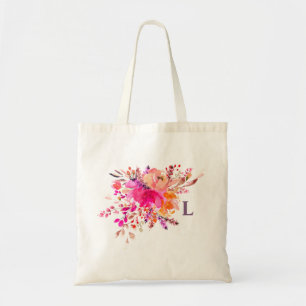 Bolsa Tote Monograma floral cor de água rosa. Flores iniciai