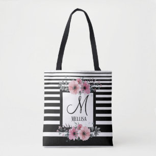 Bolsa Tote Monograma Floral Cor-de-rosa com faixas brancas e