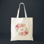 Bolsa Tote Monograma floral cor-de-rosa da grinalda da<br><div class="desc">Sacola floral cor-de-rosa do monograma da grinalda da aguarela</div>