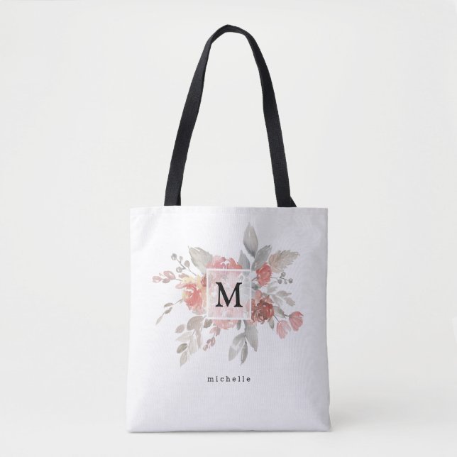 Bolsa Tote Monograma Floral Cor-de-Rosa Elegante (Frente)