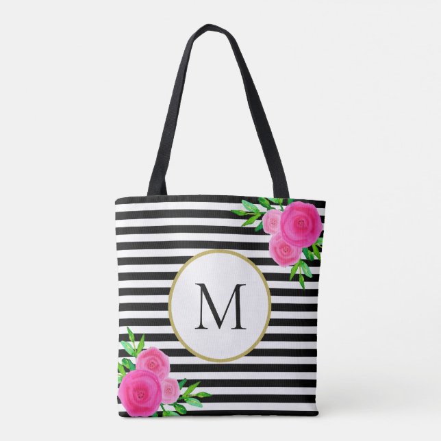 Bolsa Tote Monograma Floral Cor-de-rosa-na moda Preto-Preto (Verso)