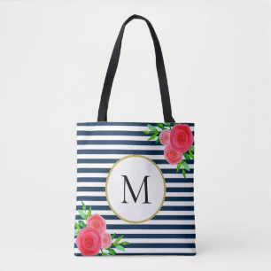Bolsa Tote Monograma Floral Coral com Na moda Marinho branco