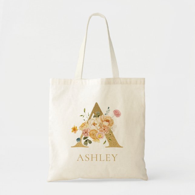 Bolsa Tote Monograma Floral de Aquarela com Letra  (Frente)
