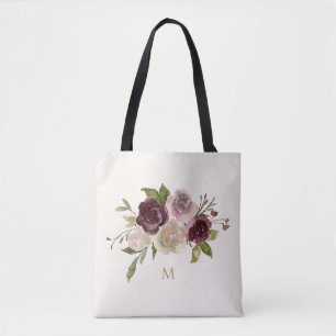 Bolsa Tote Monograma Floral de Aquarela Rosa Borgonha Moderna