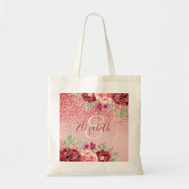 Bolsa Tote Monograma Floral de Blush Burgundy com Lâmina Dour (Frente)