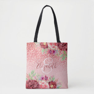 Bolsa Tote Monograma Floral de Borgonha Rosa Dourada com Lâm