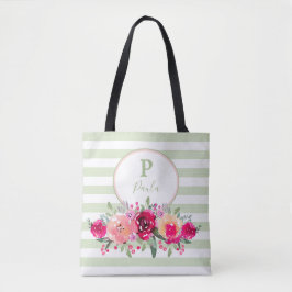Bolsa Tote Monograma Floral de Cerise Watercolor em faixas da