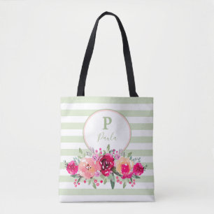 Bolsa Tote Monograma Floral de Cerise Watercolor em faixas da