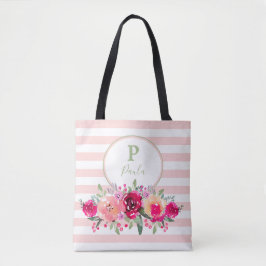 Bolsa Tote Monograma Floral de Cerise Watercolor em faixas ro