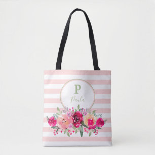 Bolsa Tote Monograma Floral de Cerise Watercolor em faixas ro
