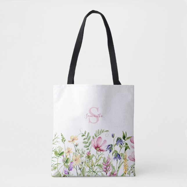 Bolsa Tote Monograma Floral de Flores Rosa (Frente)