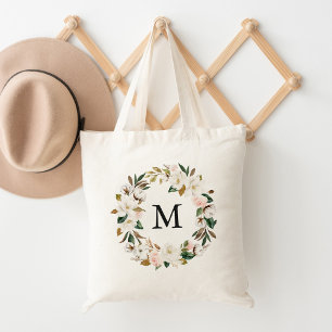 Bolsa Tote Monograma Floral de Magnólias Brancas e Rosa Elega